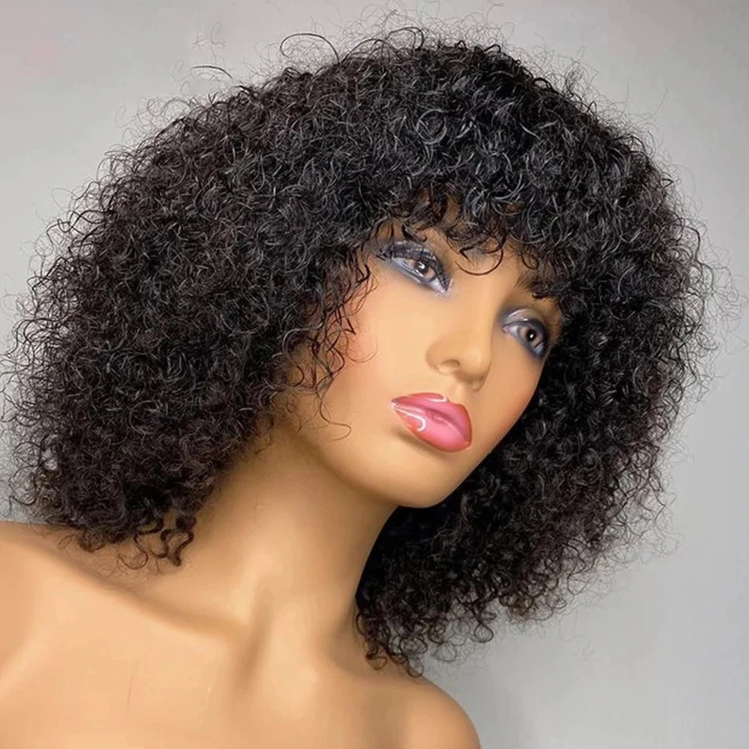 Peruca curta de Bob com Franja para Mulheres Negras, Cabelo Humano Virgem, Onda de Água, Pré-Arrancado, Cabelo do Bebê, Jerry Curl, Perucas Completas