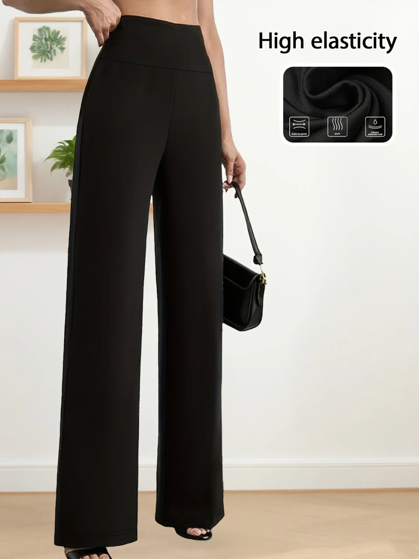 Pantalones Anchos Negros de Primavera para Mujer, Pantalones de Pierna Recta, Elásticos, de Cintura Alta, Holgados, Transpirables y a la Moda