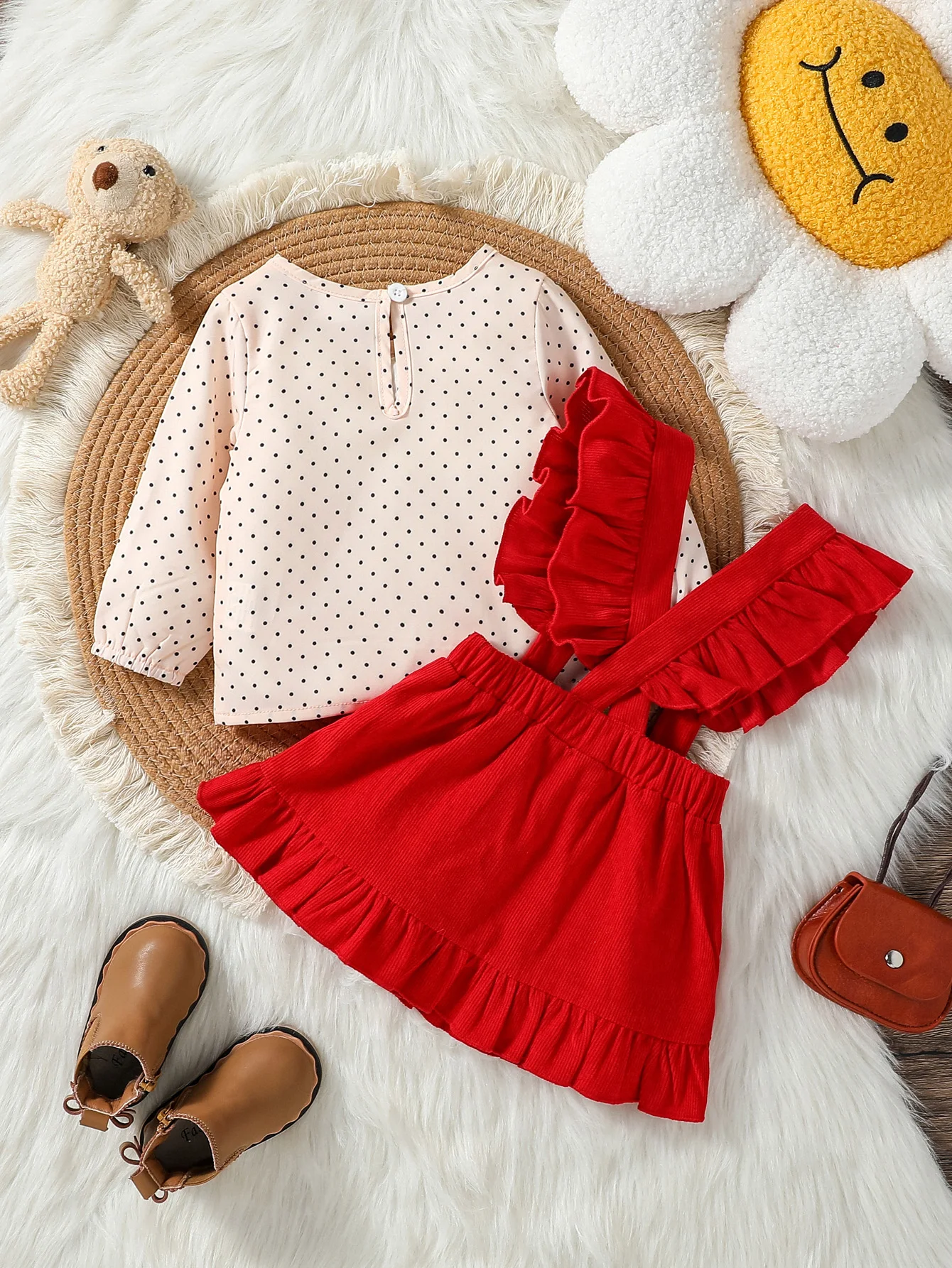 Baby girl Long Sleeve Top With polka-dot print &Slip Dress cute fall/Spring two piece suit