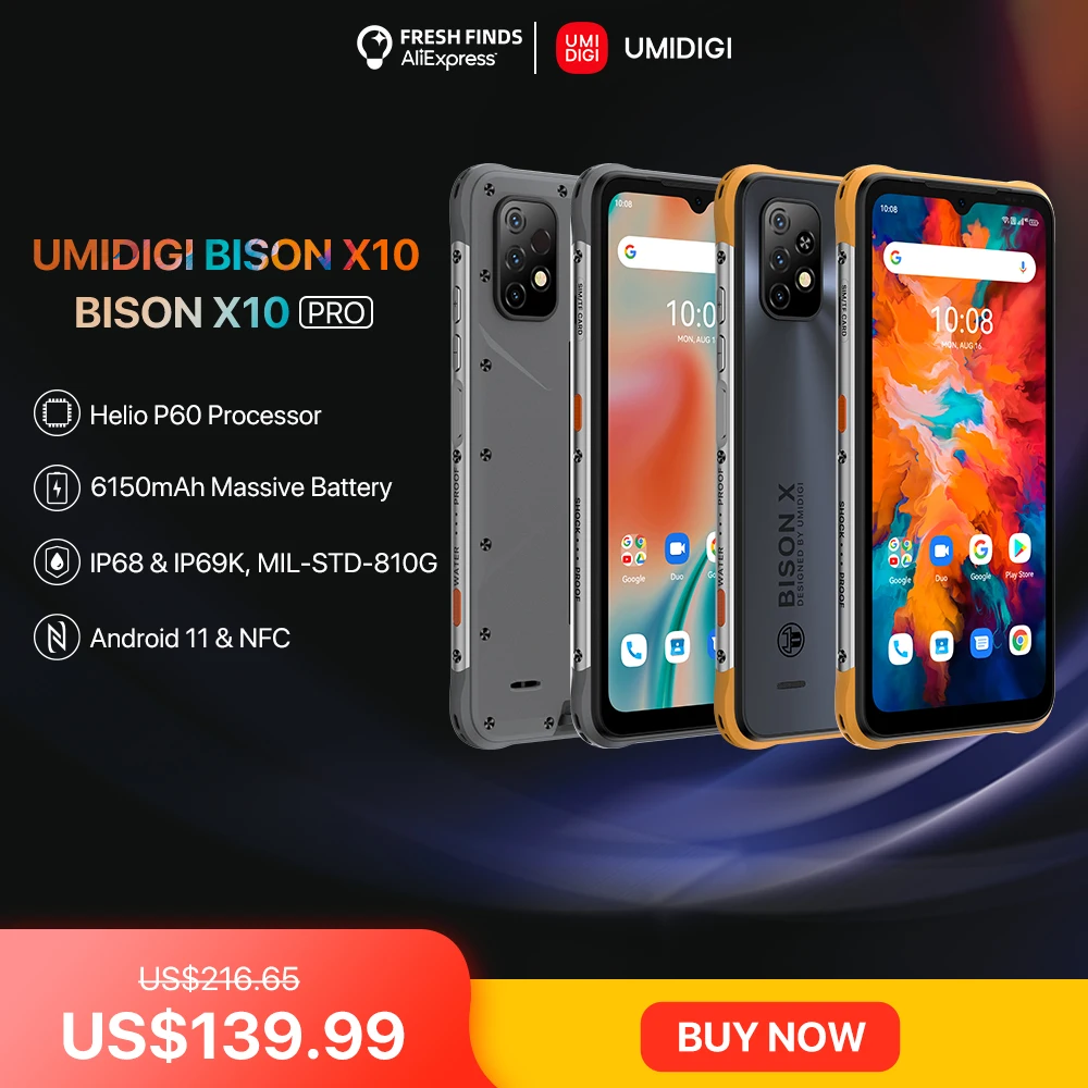 

Смартфон UMIDIGI BISON X10 PRO упрочненный, NFC, 6,53 дюйма, IP68, 4 + 128 ГБ, Helio P60, тройная камера 20 МП, 6150 мА · ч