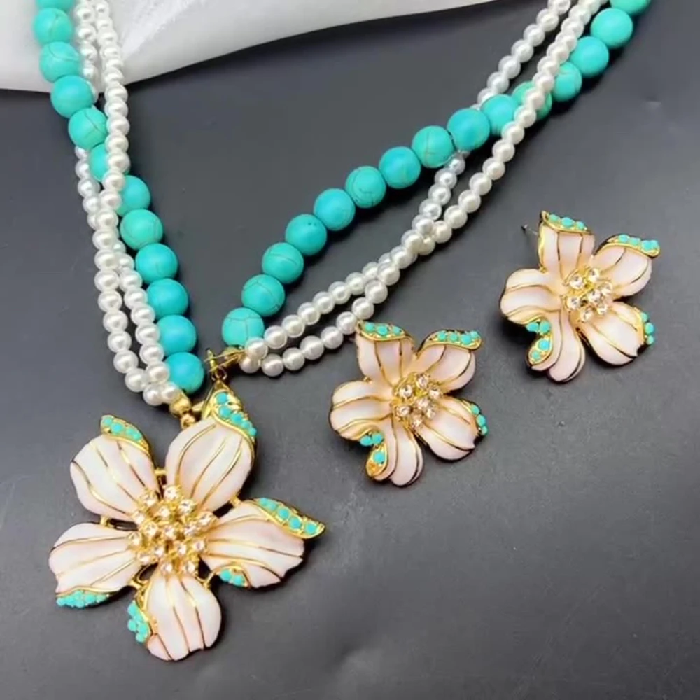 

Bohemian style enamel turquoise pearl mixed flower necklace earrings pendant brooch