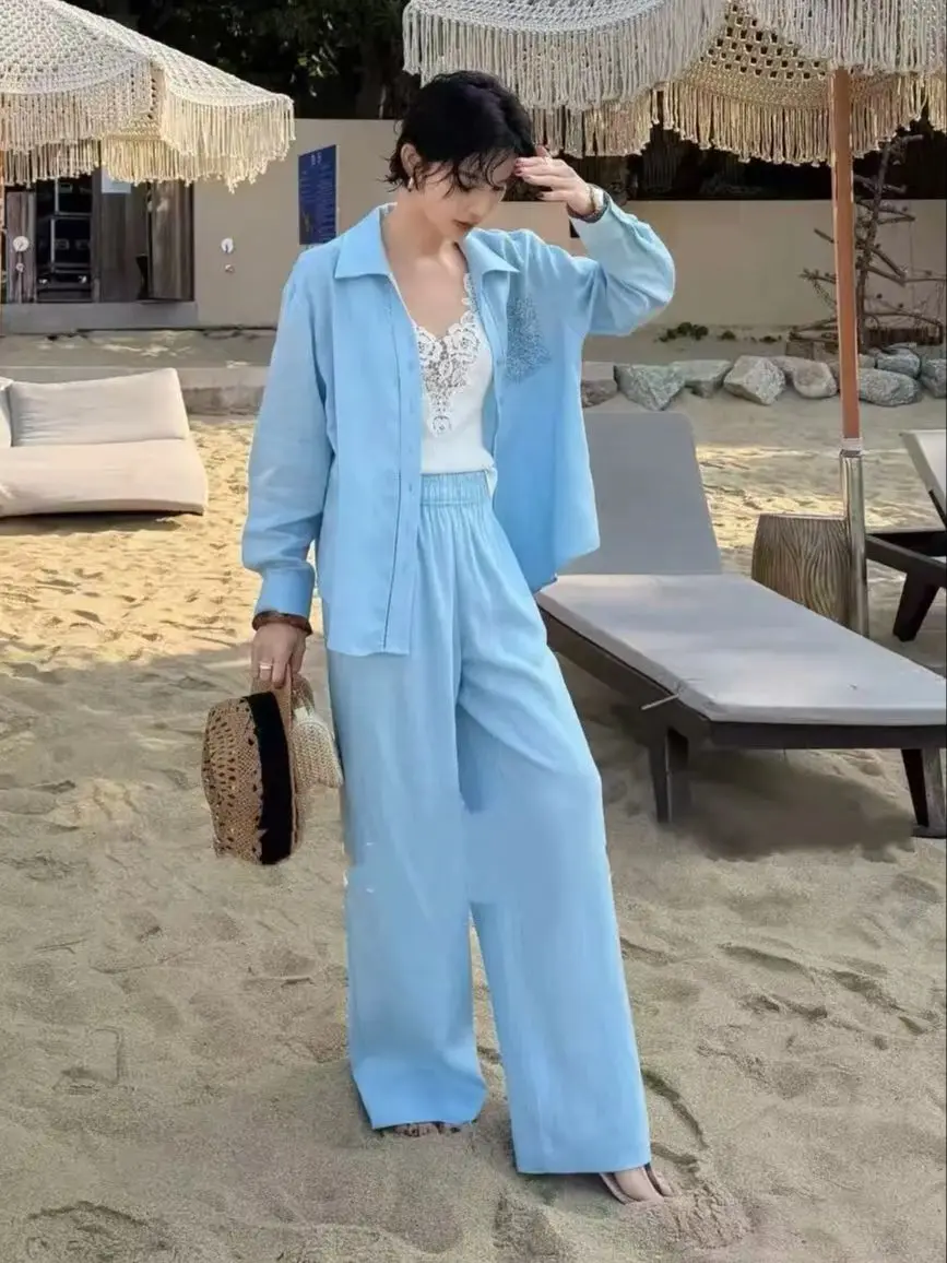 

Elegant high-quality vacation style summer linen loose fit sun protection two-piece set