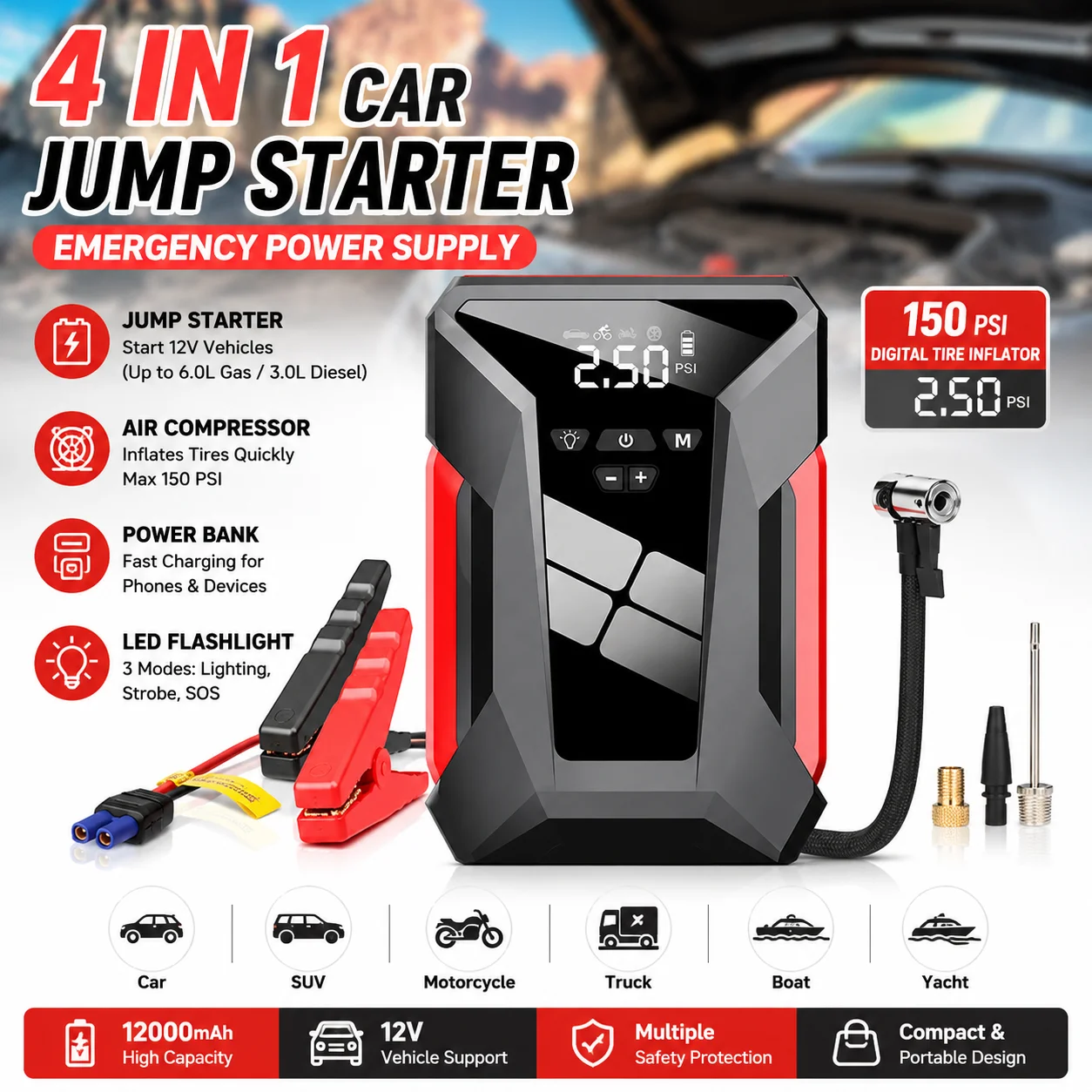 Car Jump Starter with Air Compressor, Portable 12V Battery Booster Power Bank, Multifunction Emergency Power Supply with Tire Inflator, LED Light for Car SUV Truck Motorcycle
