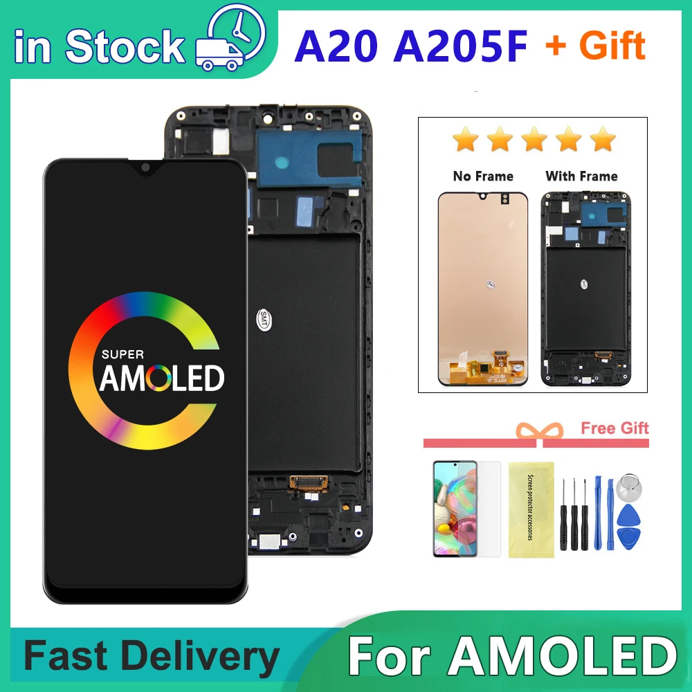 

6.4'' For AMOLED For Samsung A20 A205 SM-A205F LCD Display Touch Screen With A20 Frame For A205FN A205GN Display