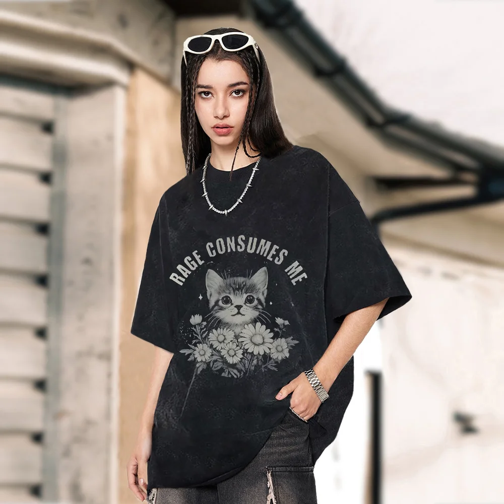 

Cuteore Summer Daily Flowers Kittens Pattern Graphic Shirt Retro Print Trendy Casual Fashion Semisheer Effect Y2k Clothes