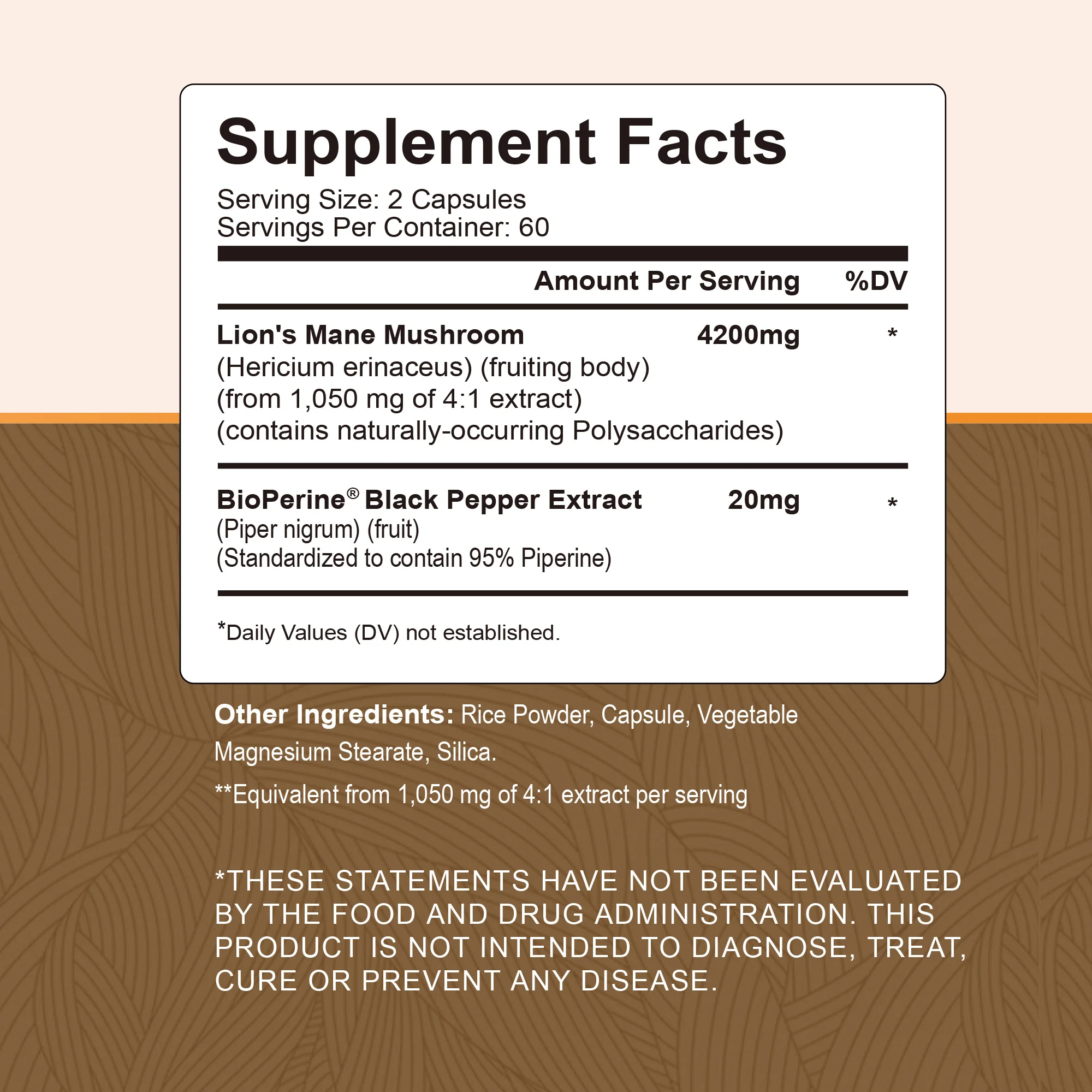 Lion's Mane - Immune System Booster, Improve Memory, Protect Brain Nerves, Relieve Stress - 120 Capsules