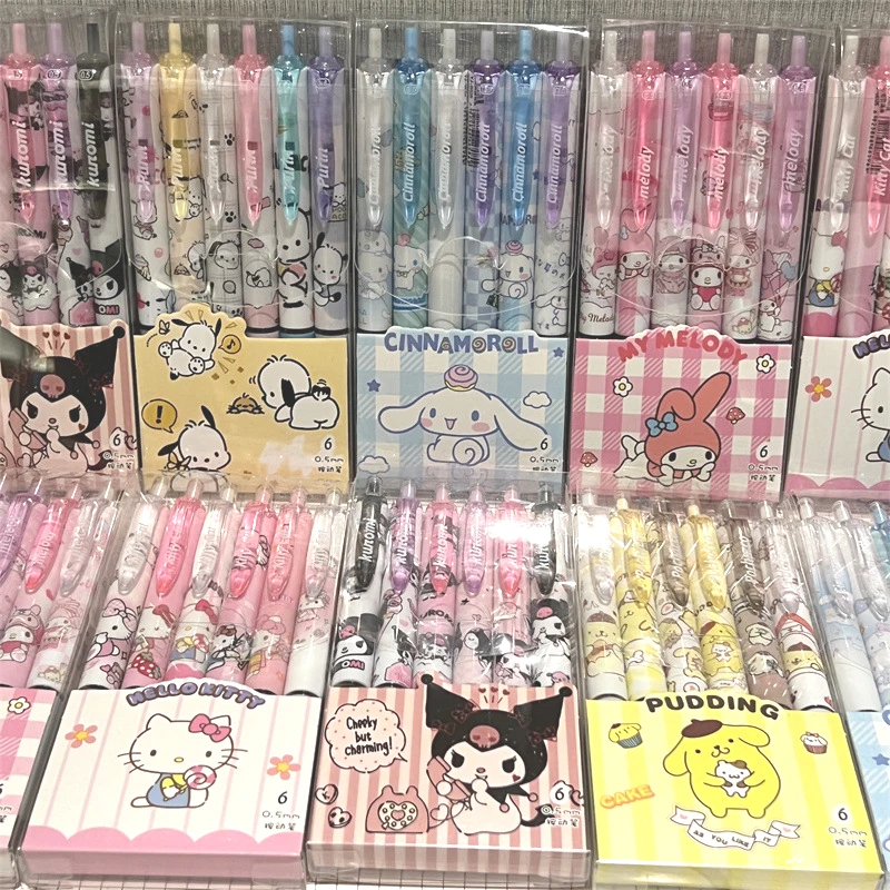 Sanrio 6pcs Gel Pen 0.55mm Refill  Hello Kitty Kuromi Melody Cartoon Quick-Dry Ballpoint Study Stationery Supplies Gift for Kids