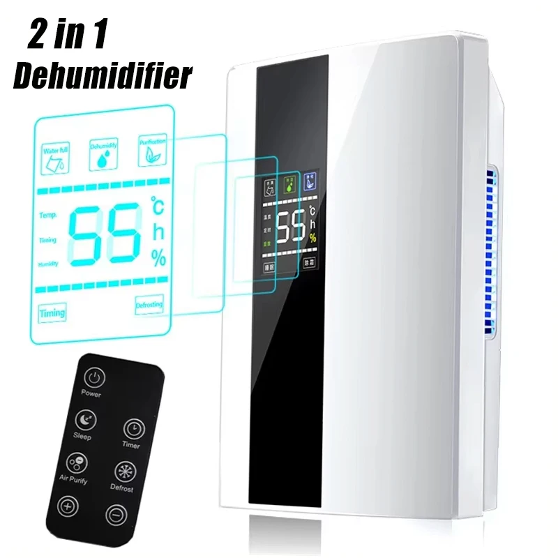 Deumidificatore e purificatore d'aria 2 in 1 Assorbitore di umidità Muto per la casa Camera da letto Seminterrato Temporizzazione del telecomando Tubo dell'acqua esterno