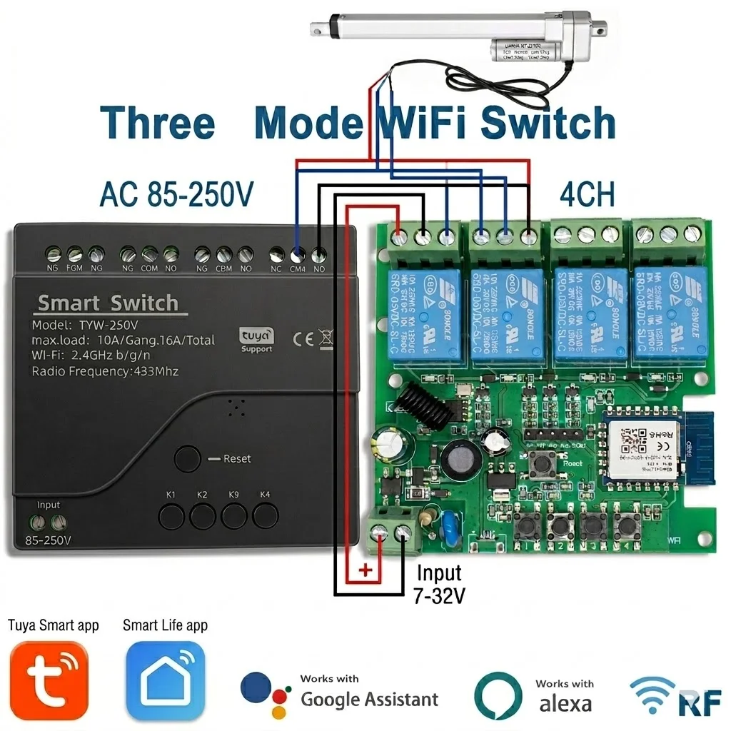 Tuya Smart WiFi-Schalter 4CH RF433 Fernbedienung AC 85-250V DC 7-32V Empfängermodul für Linearantrieb Google Home Alexa