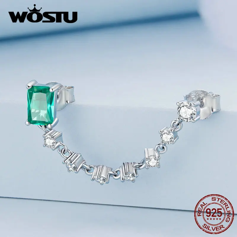 WOSTU 925 Sterling Silver 1 Piece Chain Earrings Green Rectangular Zircon Double Hole Ear Stud for Wowem Gift Fine Jewelry