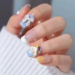 24pcs Blue Lamb Design False Nails Short Art Fake Nails Waterproof Full Coverage Faux Press on Nails Accessories and Tools