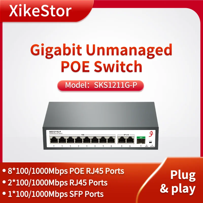 

XikeStor 8 POE RJ45 Ports 2 RJ45 Ports 1 SFP Gigabit Switch Plug & Play AI Intelligent Detection POE Supply Widely Compatible