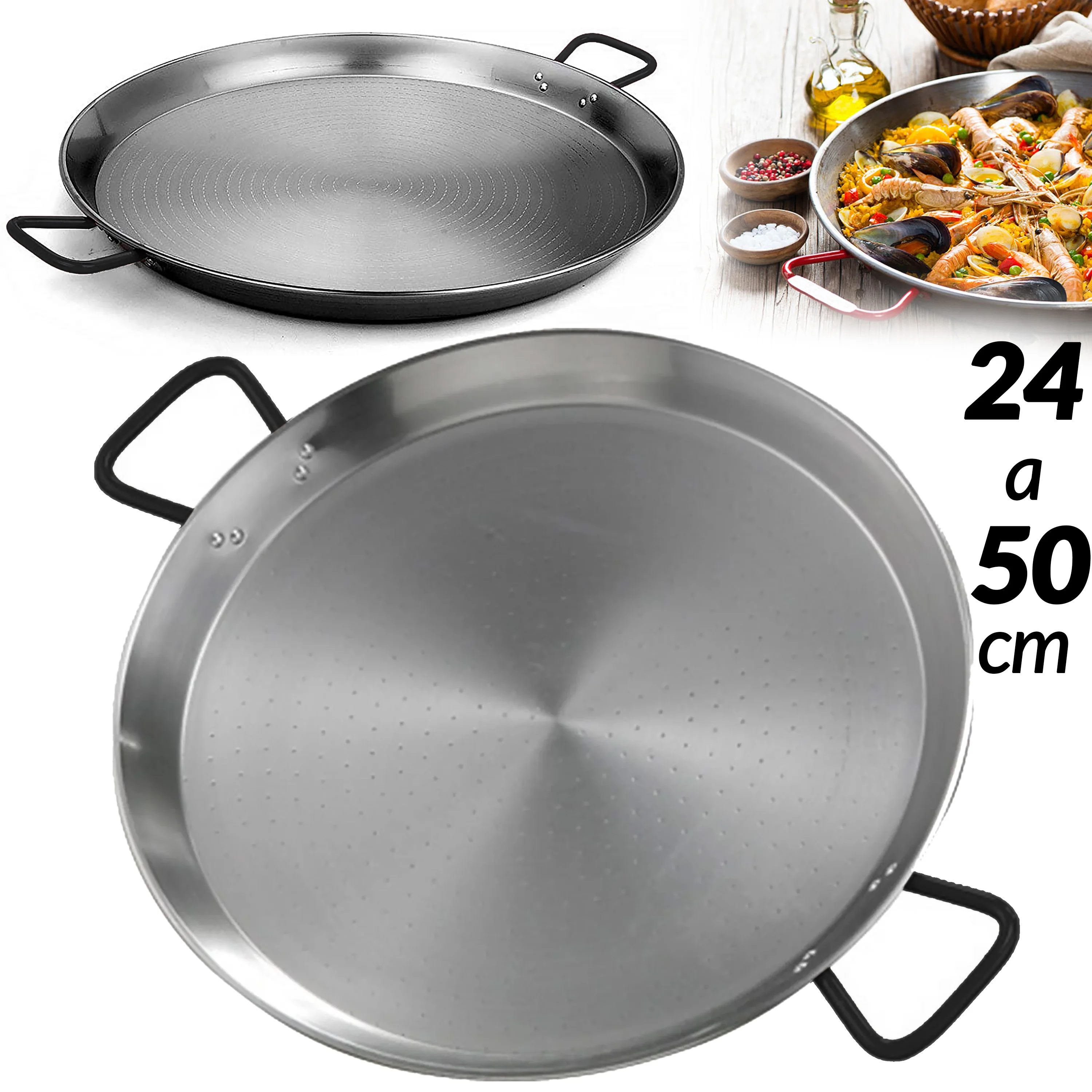 Paellera Española Acero Pulido 28 a 50 cm Facil Limpieza VAELLO Paella España Sarten Arrocero para Arroz Apto para Fuego de Gas y Carbón 28cm 30cm 32cm 34cm 36cm 38cm 40cm 42cm 50cm de 4 a 13 Raciones