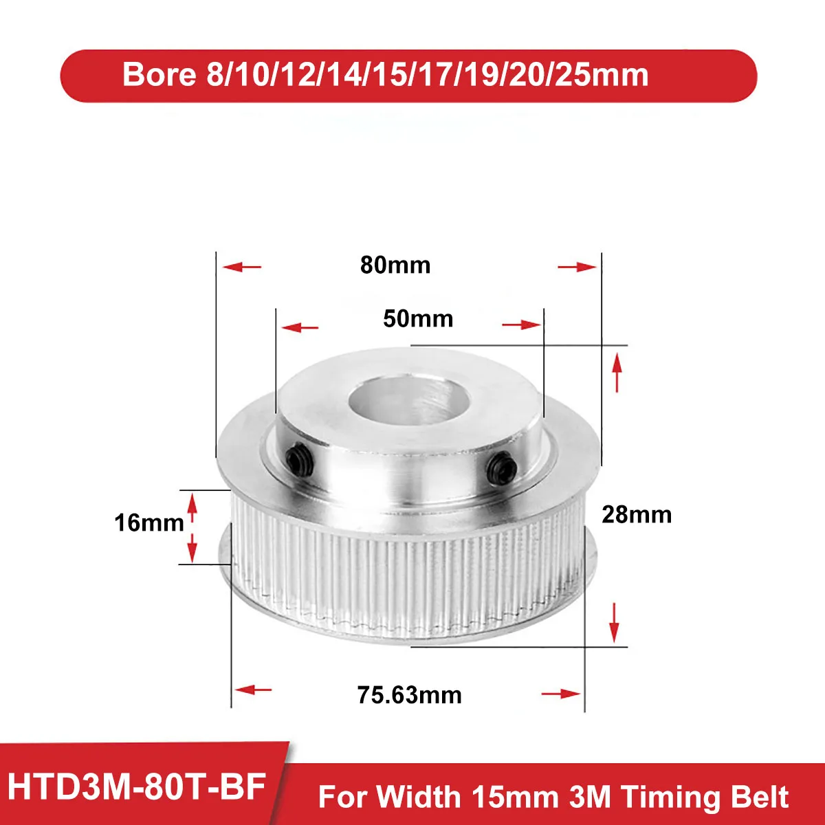 

80 Teeth HTD 3M Synchronous Pulley Bore 8/10/12/14/15/17/19/20/25mm BF keyway HTD3M Timing Pulley For Width 15mm 3M Timing Belt