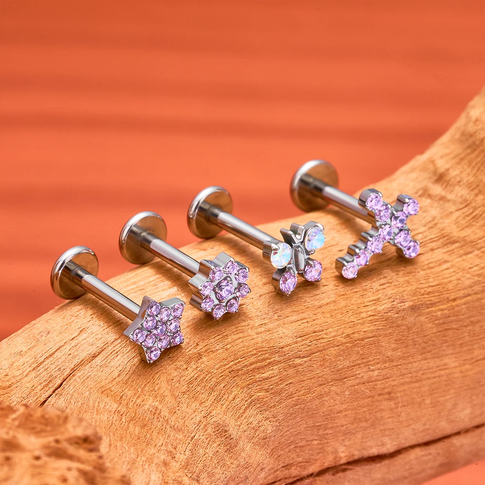 ASTM F136 التيتانيوم Threadless Piercing16G/18 جرام/20 جرام شكل قلب زهرة دفع دبوس Labret الشفاه الدائري مسمار ثقب القرط مجوهرات