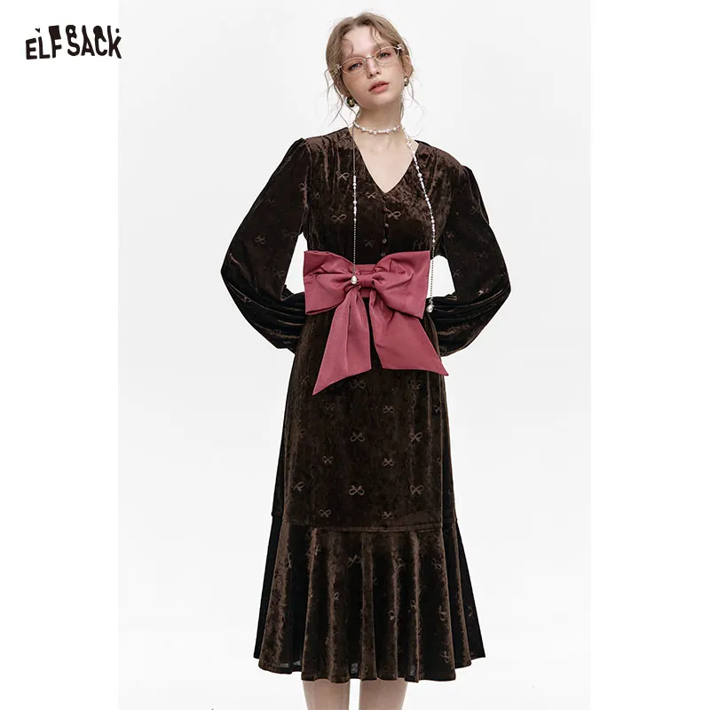 ELFSACK 2024 Winter New Arrivals Retro Velvet Detachable Bowknot V-Neck Long Dress Women