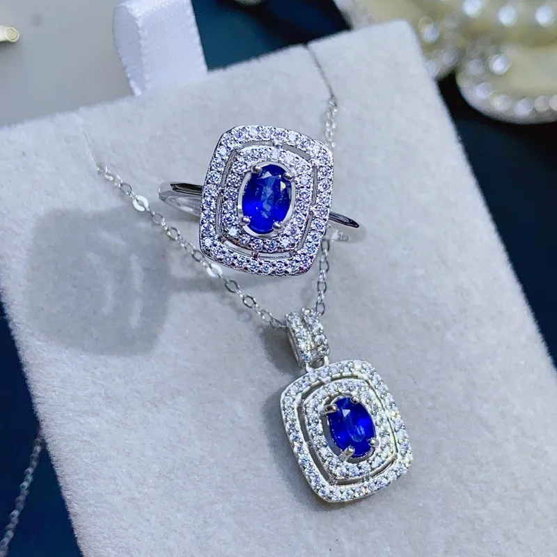 925 sterling silver natural 4x6mm sapphire women's luxury ring pendant necklace set to send girlfriend birthday party wedding