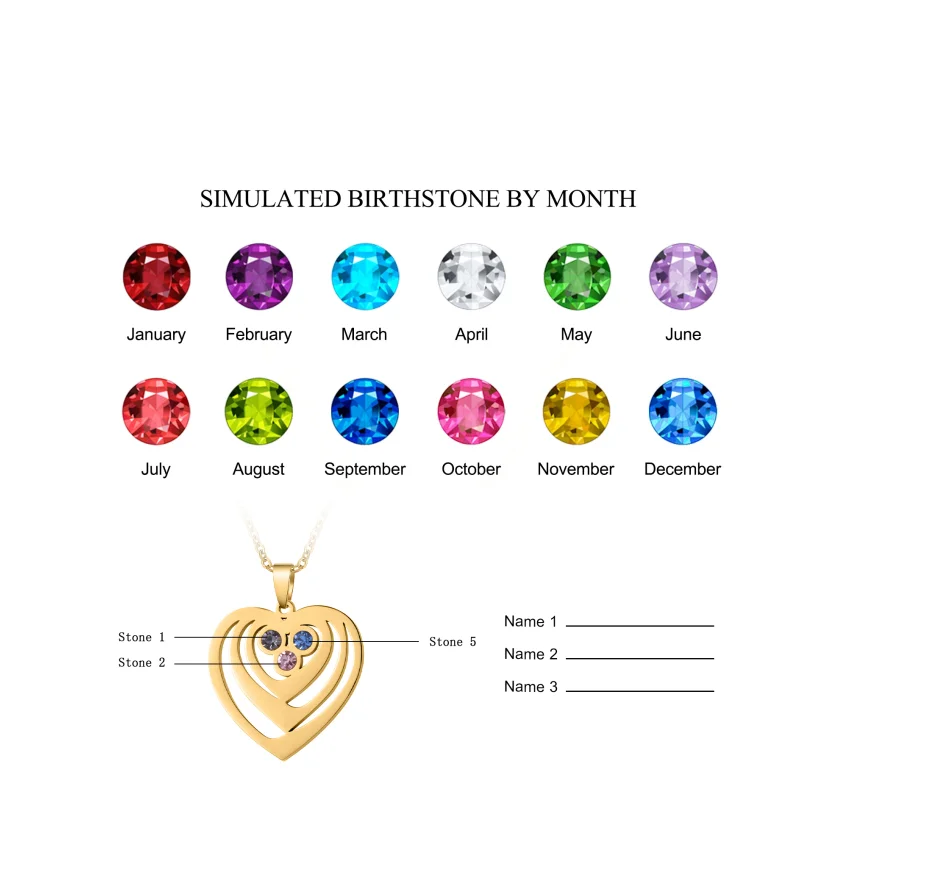 Qitian Personalized Birthstone Heart Necklace Custom Mother Day Gift Engrave Name Pendant Stainless Steel Jewelry For Mom Gift