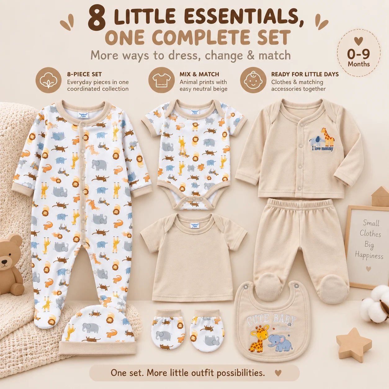 8Pcs Newborn Baby Clothes Set Safari Animal Print Footed Romper Bodysuit Cardigan Pants Bib Hat Mittens Infant Outfit