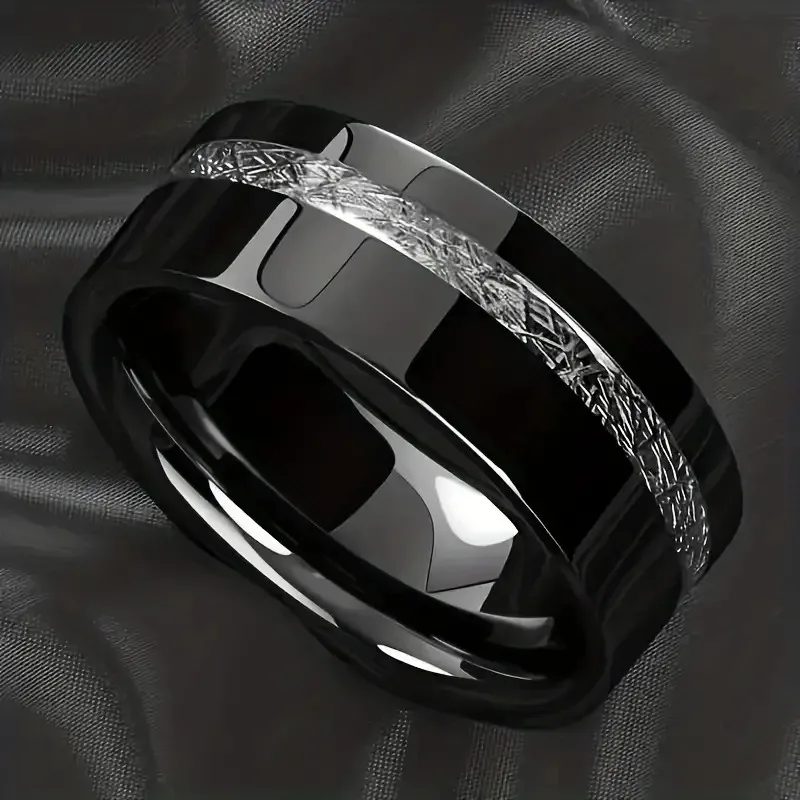 Fashion 8mm Black Stainless Steel Ring For Men Vintage Silver Color Meteorites Inlaid Promise Ring Men Wedding Band Jewelry Gift