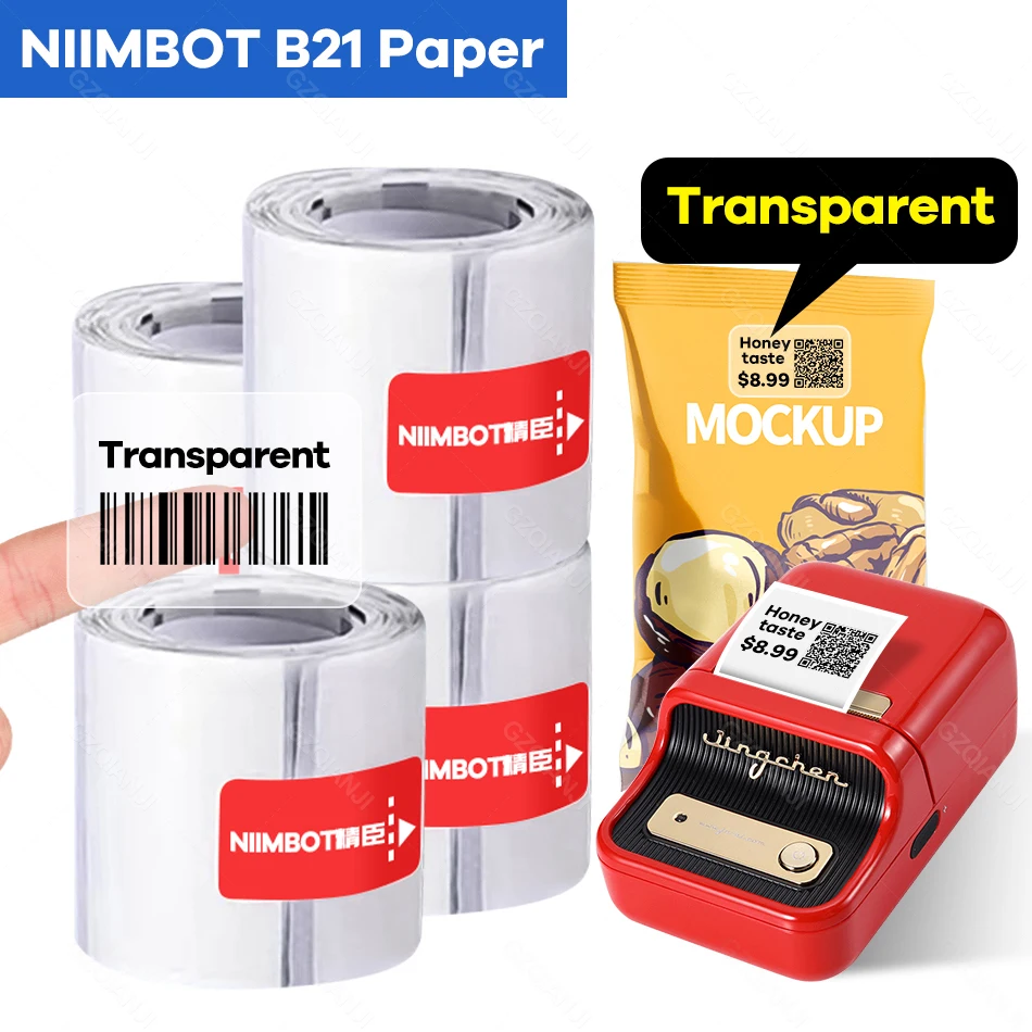 Niimbot Transparent Official Name Sticker Paper Rolls Multi-Purpose Self-Adhesive Label for B21 B1 B203 Machine Black on Clear