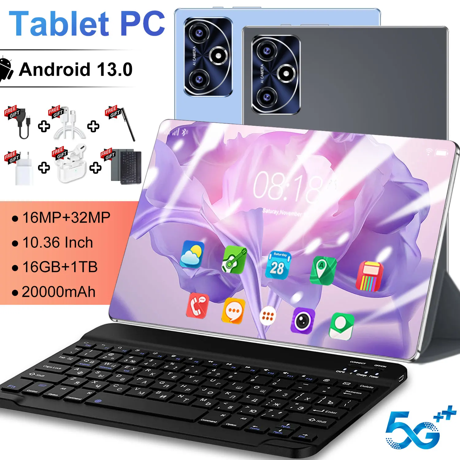 Tablette de jeu 14 cœurs 20000 mAh 10,36 pouces Android 13 5G Double SIM WiFi Caméra 16+32MP 16 Go 1 To de stockage Bluetooth GPS