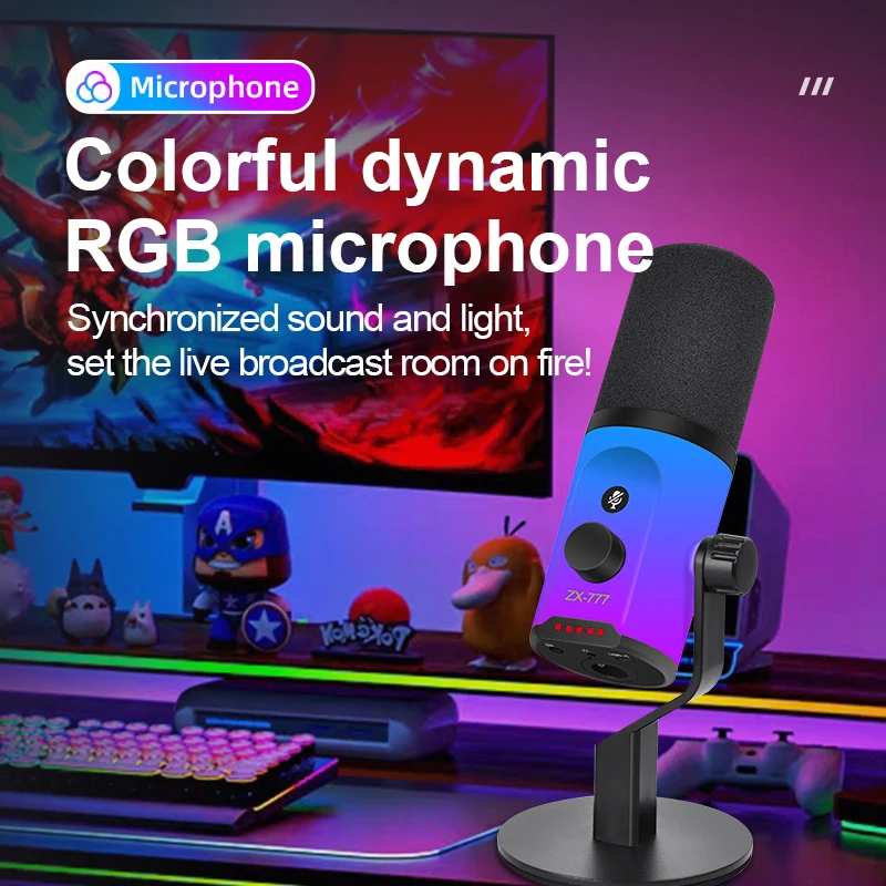 USB RGB dynamic microphone for live streaming, podcast recording, and gaming streaming. XLR/USB dynamic microphone