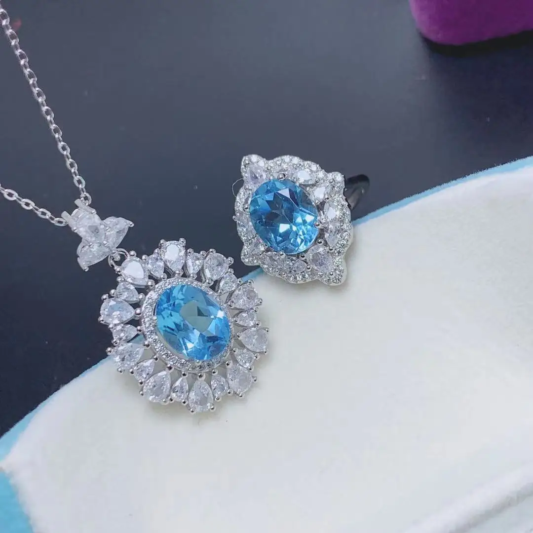 

KJJEAXCMY Boutique Women's Jewelry Set 925 Pure Silver Natural Topaz Ring Pendant Necklace 3 Wedding Party Birthday Gifts