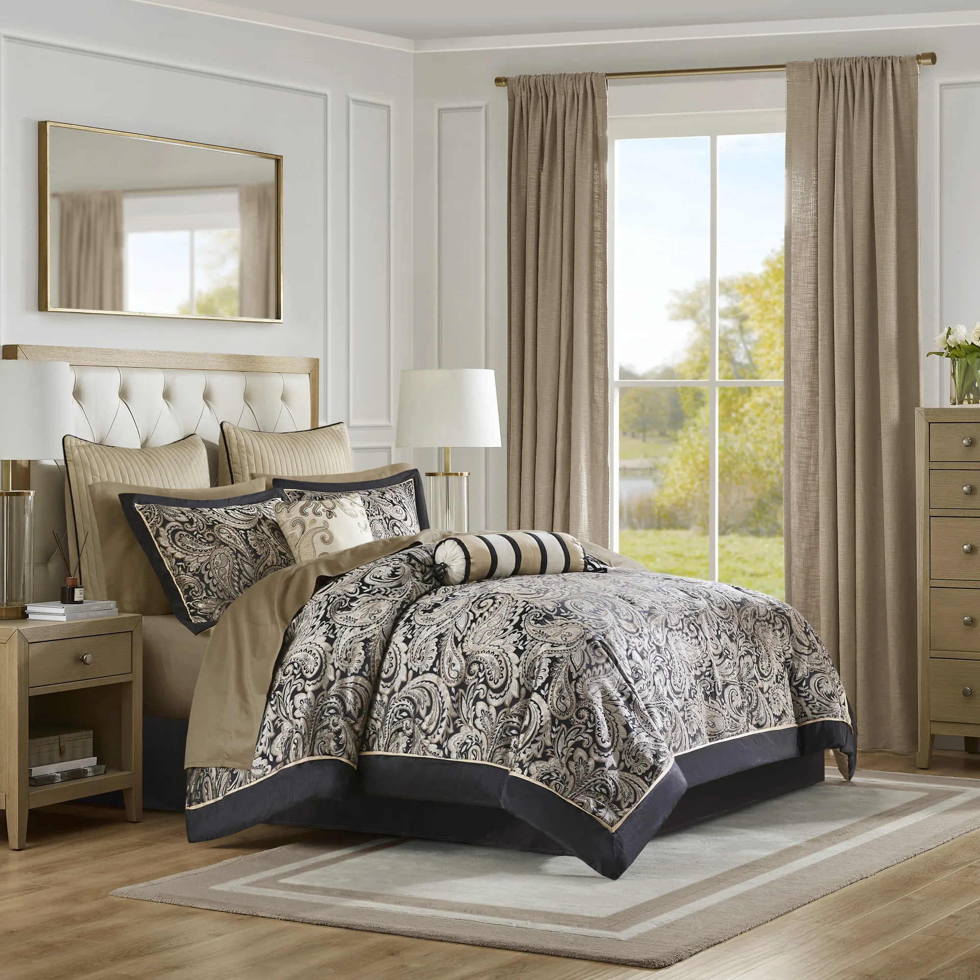 

12 Piece Comforter Set with Cotton Bed Sheets Black King (Black + Cotton + King)"