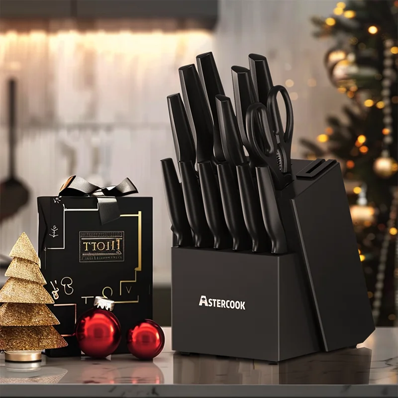 Astercook Kitchen Knife Set with Built-in Sharpener Block, Dishwasher Safe, 15 Pieces German Stainless Steel Knife Block Set