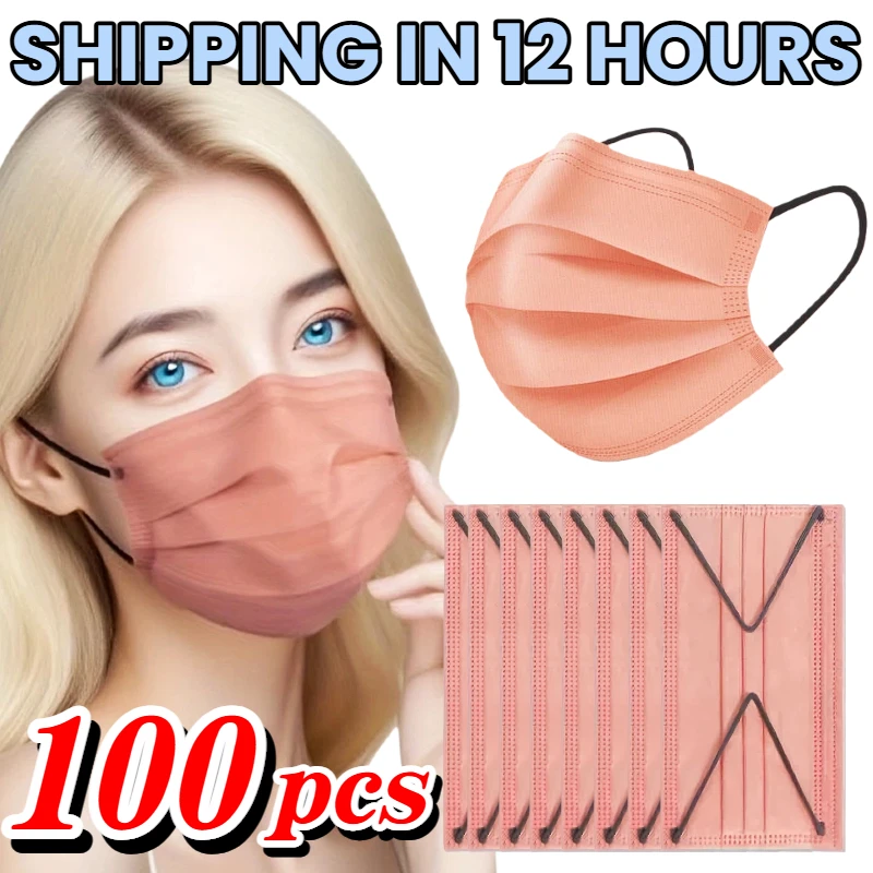 100Pcs Protective Filter Sakura Powder 4-Layer Disposable Face Masks - with Elastic Loops and Adjustable Nose Pads, Suitable for Parties, Travel, Outdoor Activities, Casual Wear, Fashion Enthusiasts, Ideal for Sensitive Skin, Unisex