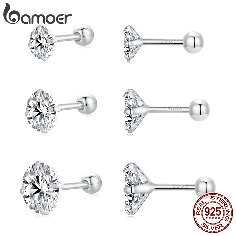 BAMOER Platinum Plated Classic Round CZ Stud Earrings Prongs Set 925 Sterling Silver Hypoallergenic Elegant Jewellry 3mm 5mm 7mm