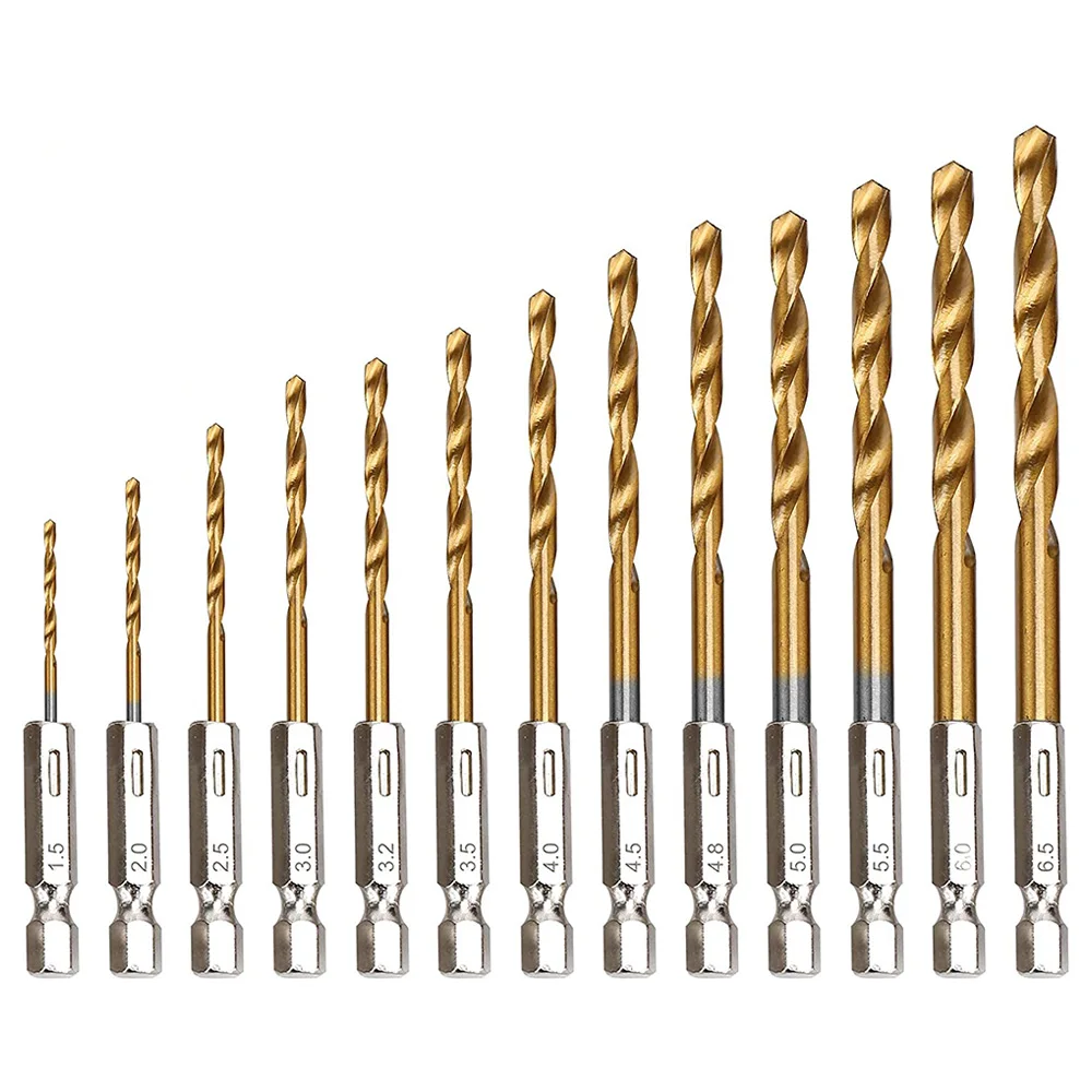 STONEGO 13PCS 1,5 mm-6,5 mm boorset Titanium gecoat hogesnelheidsstaal zeskantschacht gatopener voor hout kunststof aluminium