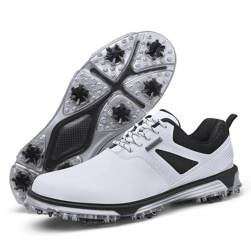 Men Leather Golf Shoes Waterproof Golf Training Sneakers Non-slip Spikes Golf Sneakers Quick Lacing Golf Athletic Shoe Beginners