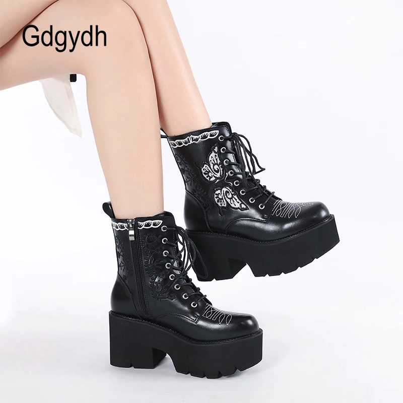 Gdgydh Women\'s Platform Boots Lace Up and Zipper Chunky Heels Black Dark Combat Ankle Booties Fashion Embroider Studded Boots