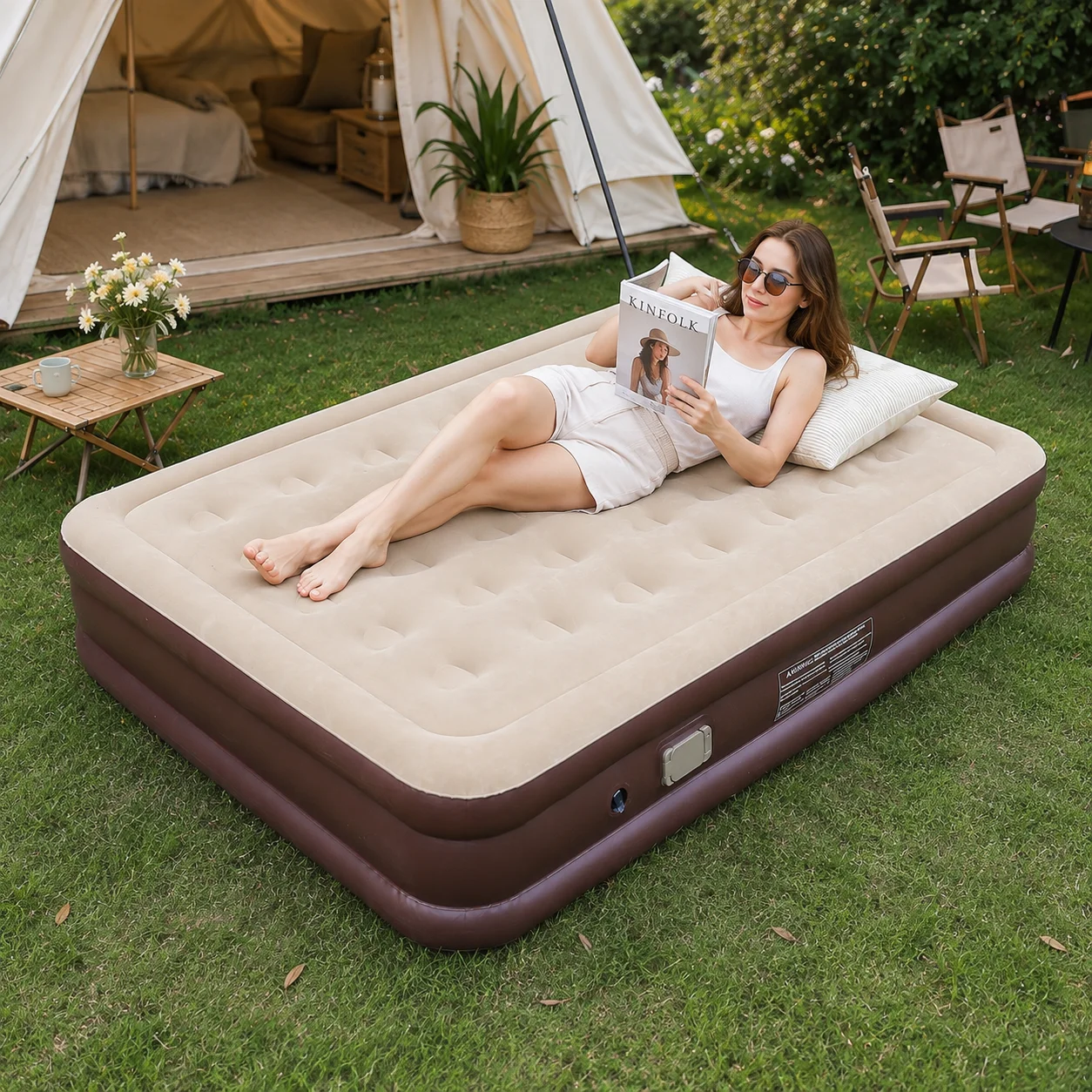 Aufblasbare Luftmatratze mit eingebauter elektrischer Pumpe, doppelt hohes Hochbett, tragbare Camping-Schlafmatratze für Zuhause und Reisen – Detail 6