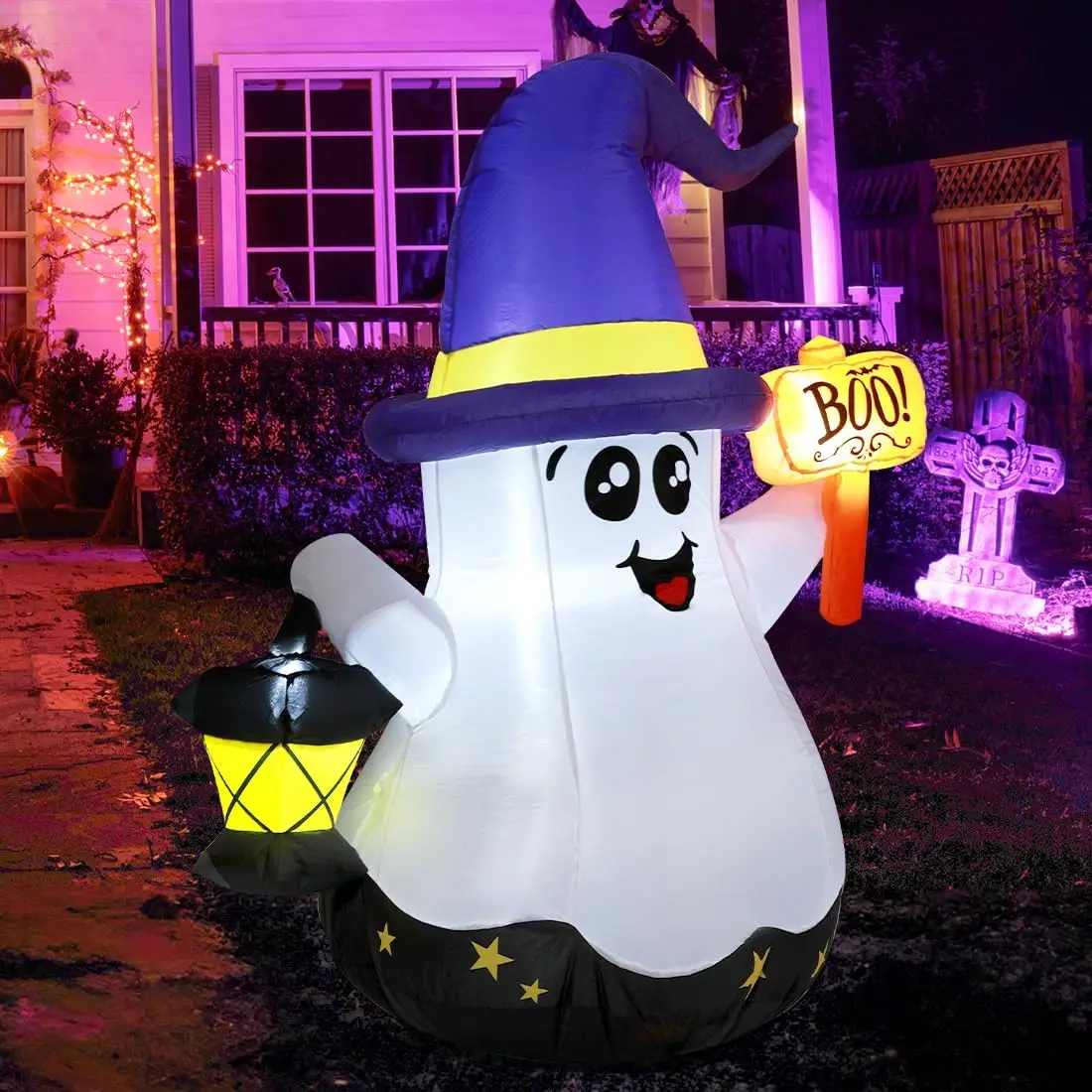 Fantasma inflable de Halloween de 5 pies, decoración al aire libre, patio, lindo fantasma de mago con luz de mano con LED para fiesta en el jardín