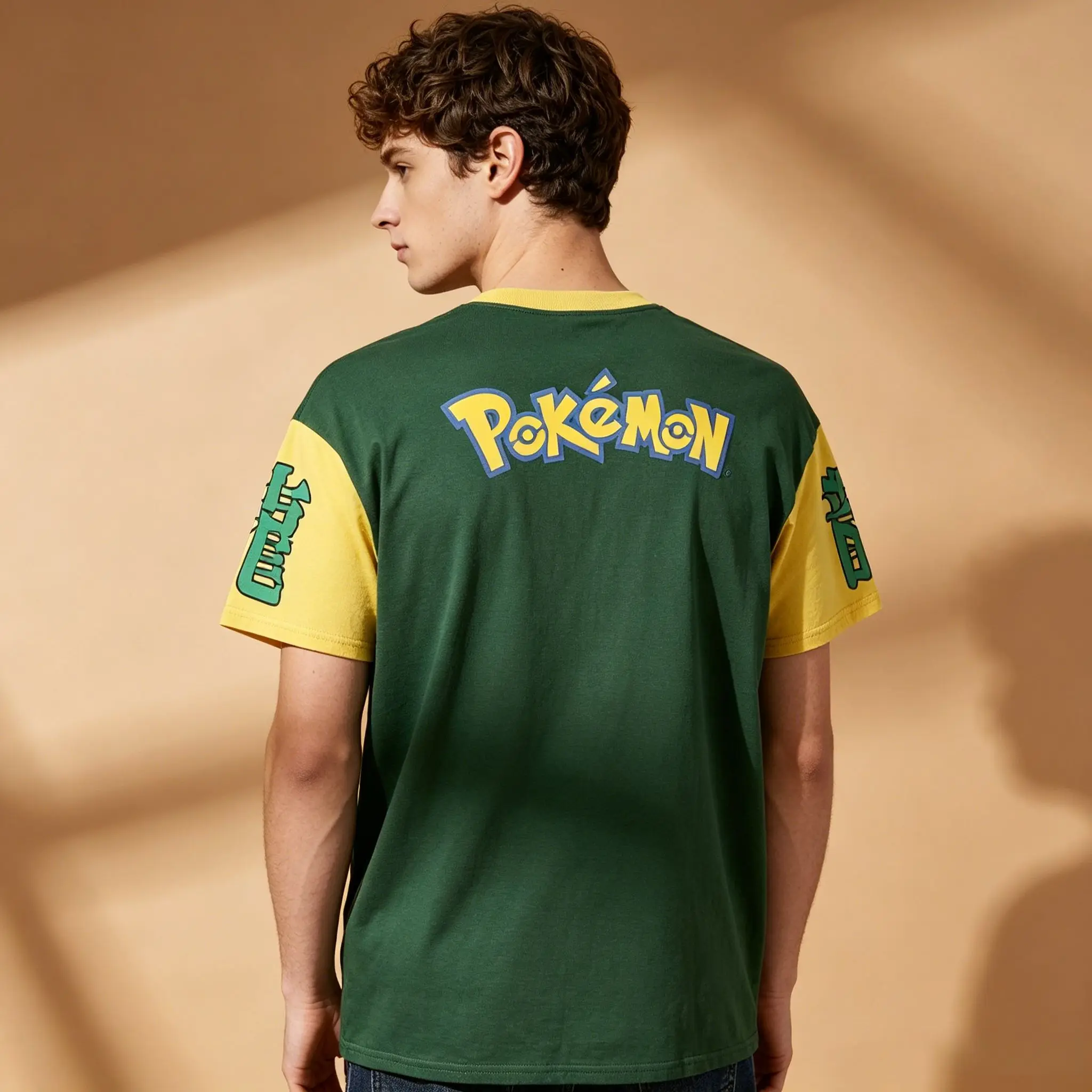 Men's Pokemon Rayquaza Legendary Anime Japanese Text Raglan Sleeve Crew Neck T-Shirt, Green Yellow Vintage Otaku Streetwear Shor