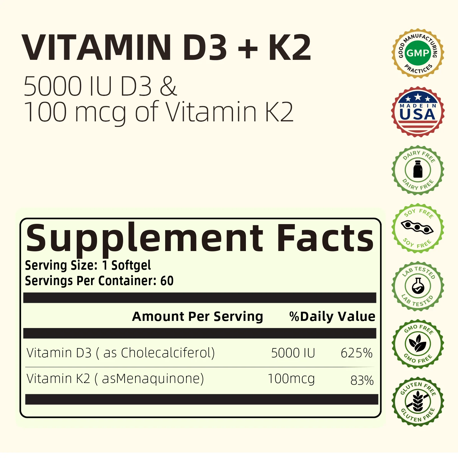 Vitamin D3 K2, Vitamin D3 5000 IU (125 mcg) + Vitamin K2 100 mcg for Bone, Teeth, Muscle and Immune Health Support, 60 Softgels