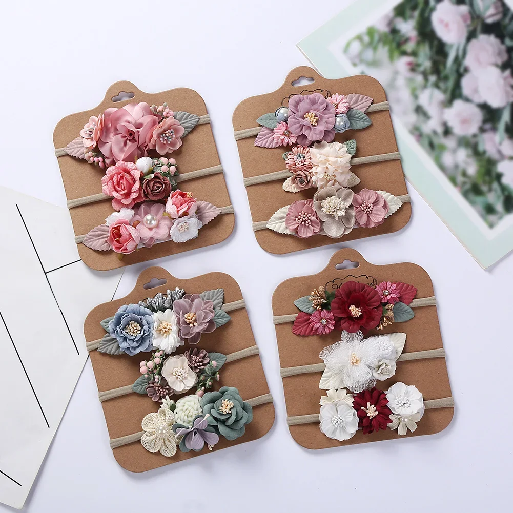 3 pièces/lot fleur artificielle bébé bandeau nouveau-né garçon fille perle élastique en Nylon bandeau enfant photographie accessoires chapeaux