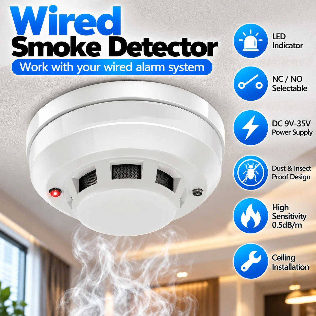 Fire Alarm Wired Photoelectric Smoke Detector Relay Ouput Operation NO NC Smoke Sensor Alarm Detector For Conventional System