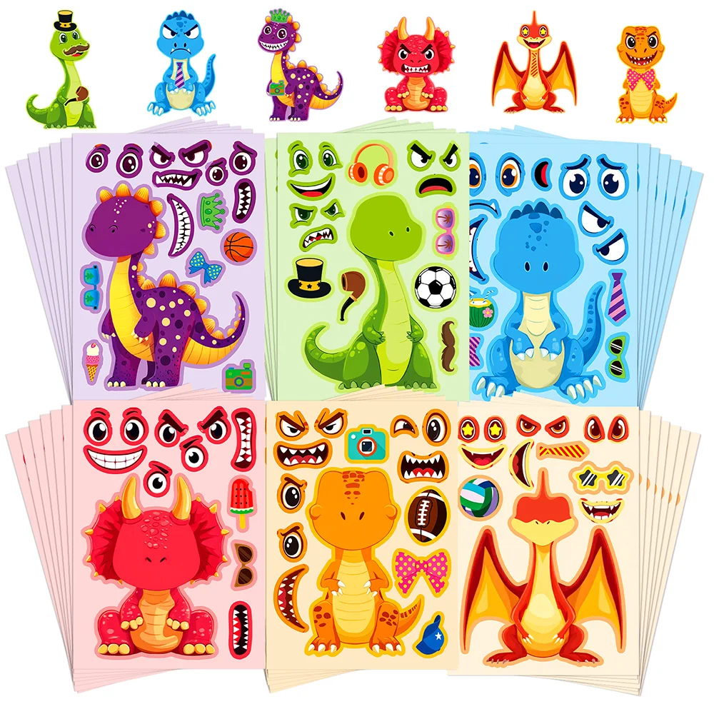 6/12Sheets Face Making Dinosaur Puzzle Sticker Game Colorful Dinosaur Children's Painting Jigsaw Puzzle Educational Toy For Kids