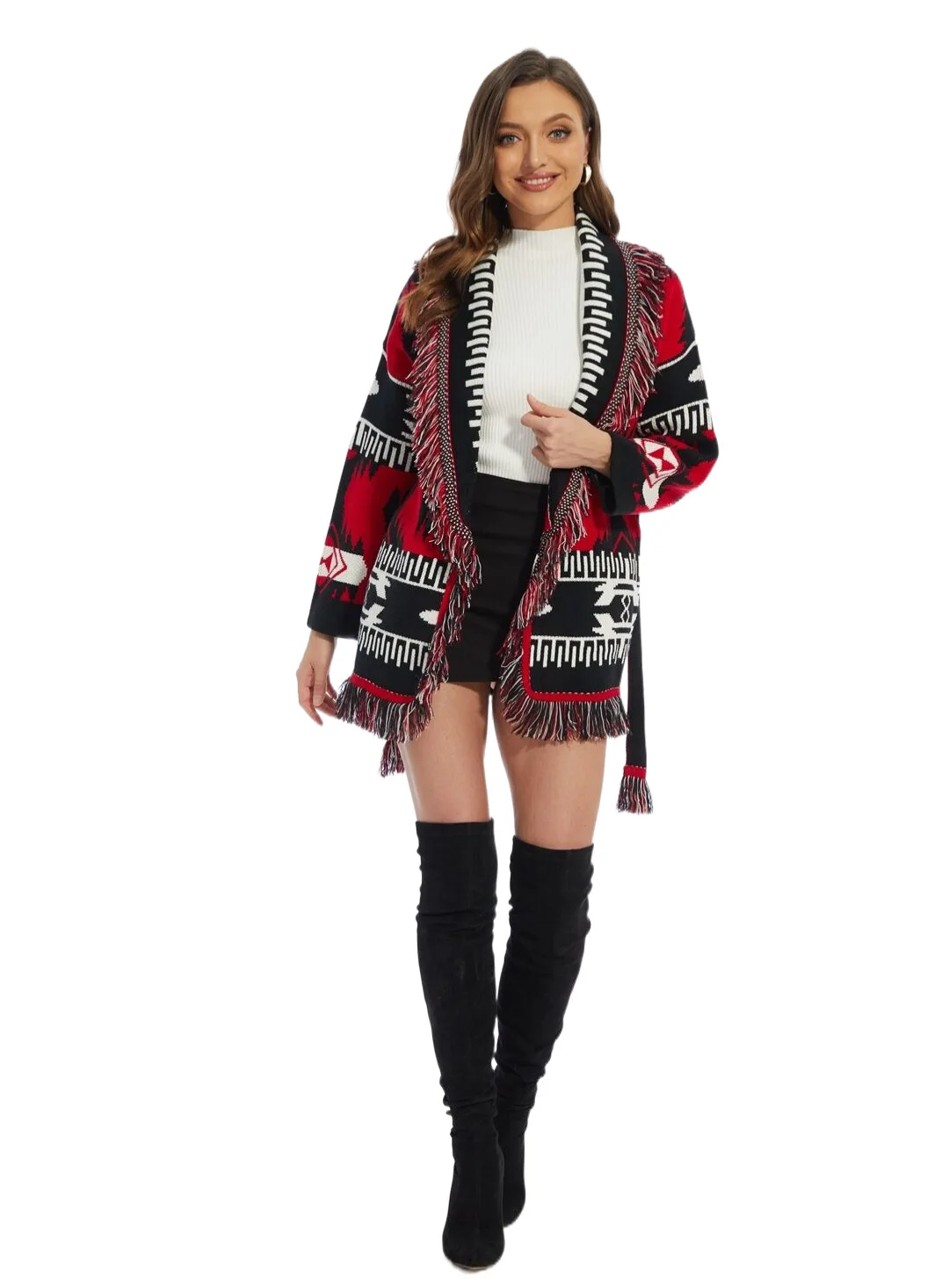 Designer Inspired Winter Women\'s Cashreme Wool Jacquard Print Fringed RED&Black Bohemian Belted Cardigan With Long Sleeve Coat