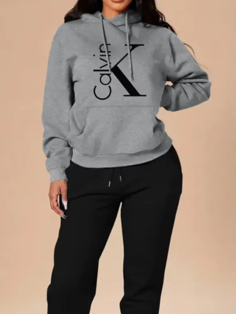 سويت شيرت نسائي كاجوال بغطاء للرأس وأكمام طويلة وطباعة حروف، ملابس رياضية شتوية مع جيوب