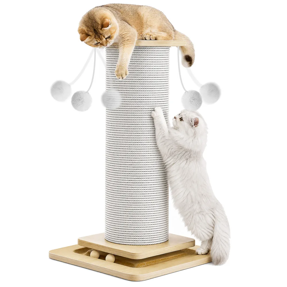 60cm/80cm Katzen-Kratzboard aus Natürlichem Sisal mit Hängendem Ballspielzeug, Kratzpfosten & Klettergerüst, Stabilisierte und Verbreiterte Basis