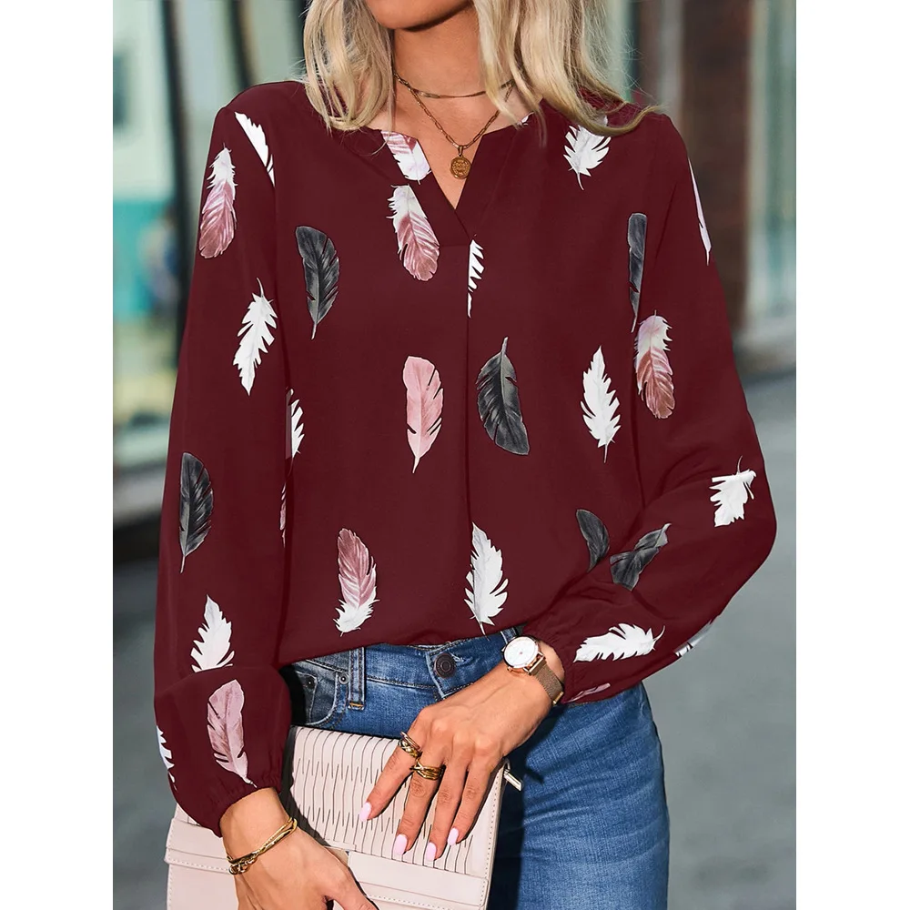 Ladies Long Sleeve Blouse Shirt Top Spring Autumn Loose Casual Female Women Feather Pattern V-Neck Blouse Shirt Pullover Top