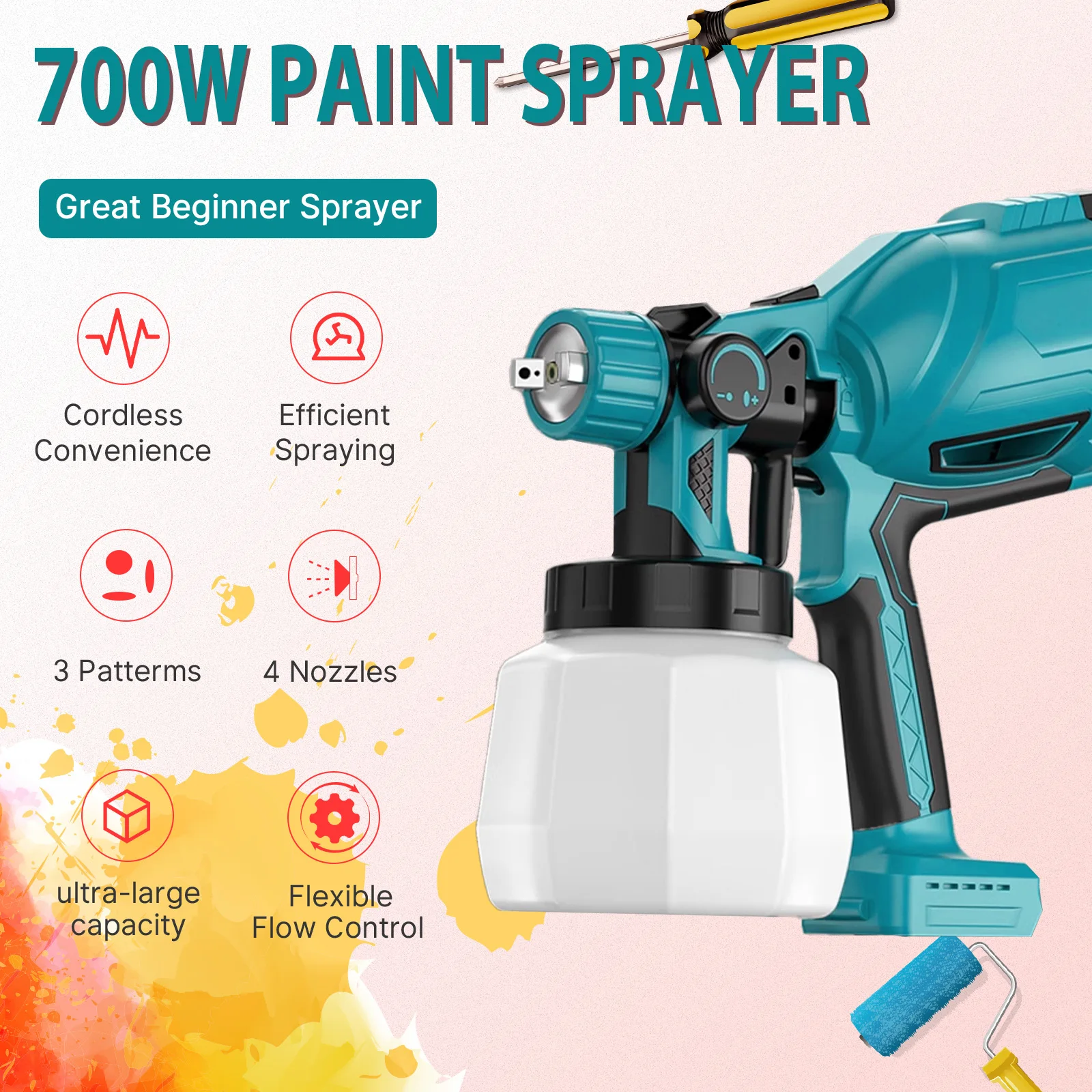 Cordless Paint Spray System, Compatible with Makita 18 V Batteries, Electric Paint Spray Gun with 3 Nozzle and 3 Spray Patterns