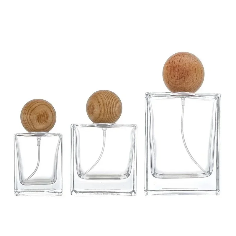 Bouteille de parfum africain Silver CriAJPŽ, boule ronde, couvercle en bois, verre transparent carré de luxe, vaporisateur, recharge de brouillard HI, 30ml, 50ml, 100ml