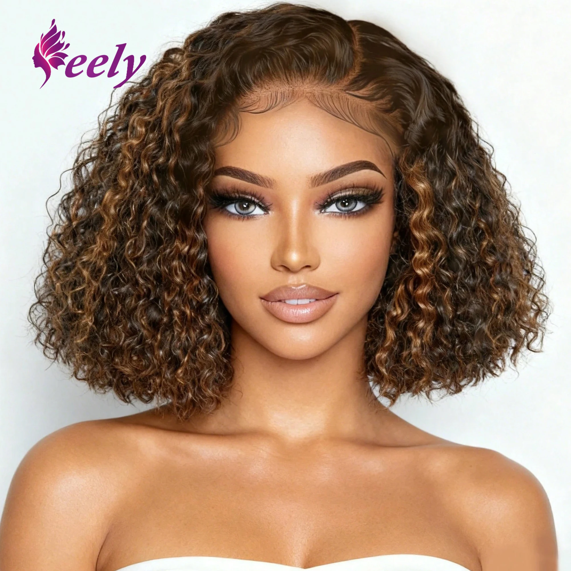 

Плотность 220 Глубокий вьющийся короткий парик Боб Выделите парики Человеческие волосы 13x4 Прозрачный парик шнурка Глубокая волна Парик фронта шнурка с волосами ребенка