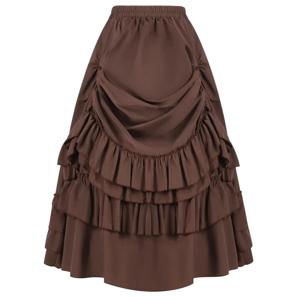 Brązowe bawełniane falbany długa asymetryczna wiktoriańska gotycka spódnica gorąca, seksowna y2k ubrania Steampunk Cosplay kobiety spódnice w stylu vintage 2024 — zdjęcie 2